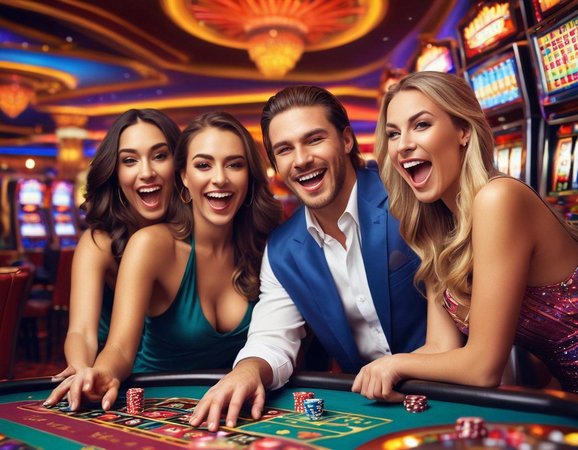 A vibrant casino scene showcasing a diverse group of enthusiastic gamblers celebrating as they hit a jackpot, surrounded by colorful slot machines and flashing lights. Include elements like exclusive bonus tokens and gleaming chips scattered around, emphasizing the thrill of winning. The background should be a blurred, bustling casino atmosphere to create excitement and engagement. super-realistic. vibrant colors.