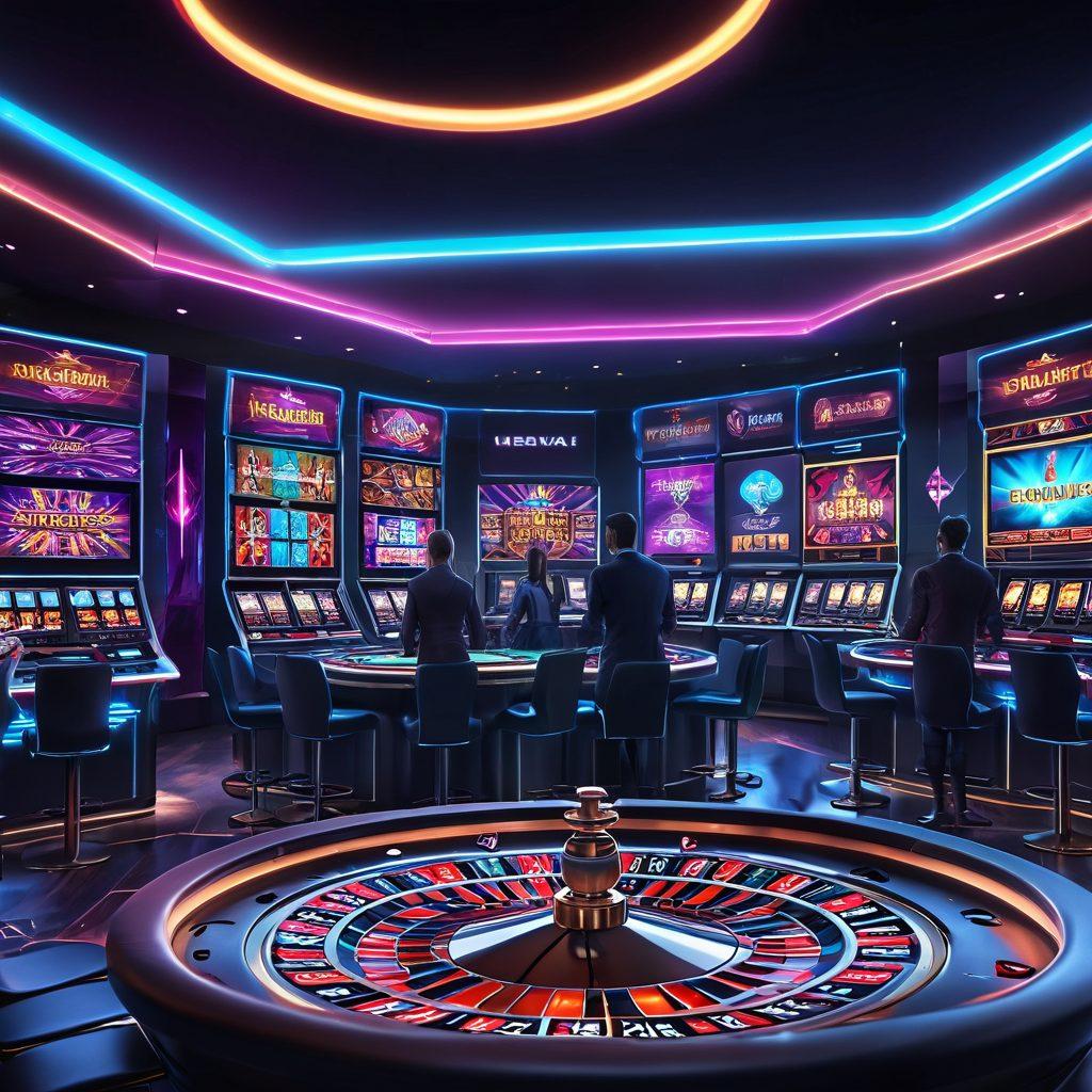 A vibrant, dynamic composition showcasing a futuristic online casino environment, featuring diverse players interacting with various high-tech gaming devices. Include colorful neon lights, digital screens displaying live game statistics, and a sleek roulette table in the foreground. Emphasize excitement and innovation with players celebrating winnings. super-realistic. vibrant colors. 3D.
